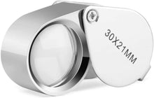 Load image into Gallery viewer, Jewelers Loupe 30X 21mm Magnifying Portable Jewelry Magnifier Foldable Magnifying Glass, for Gems, Coins, Antiques, Stamps, Reading, Inspection, etc, Metal Body Silver w/Box.
